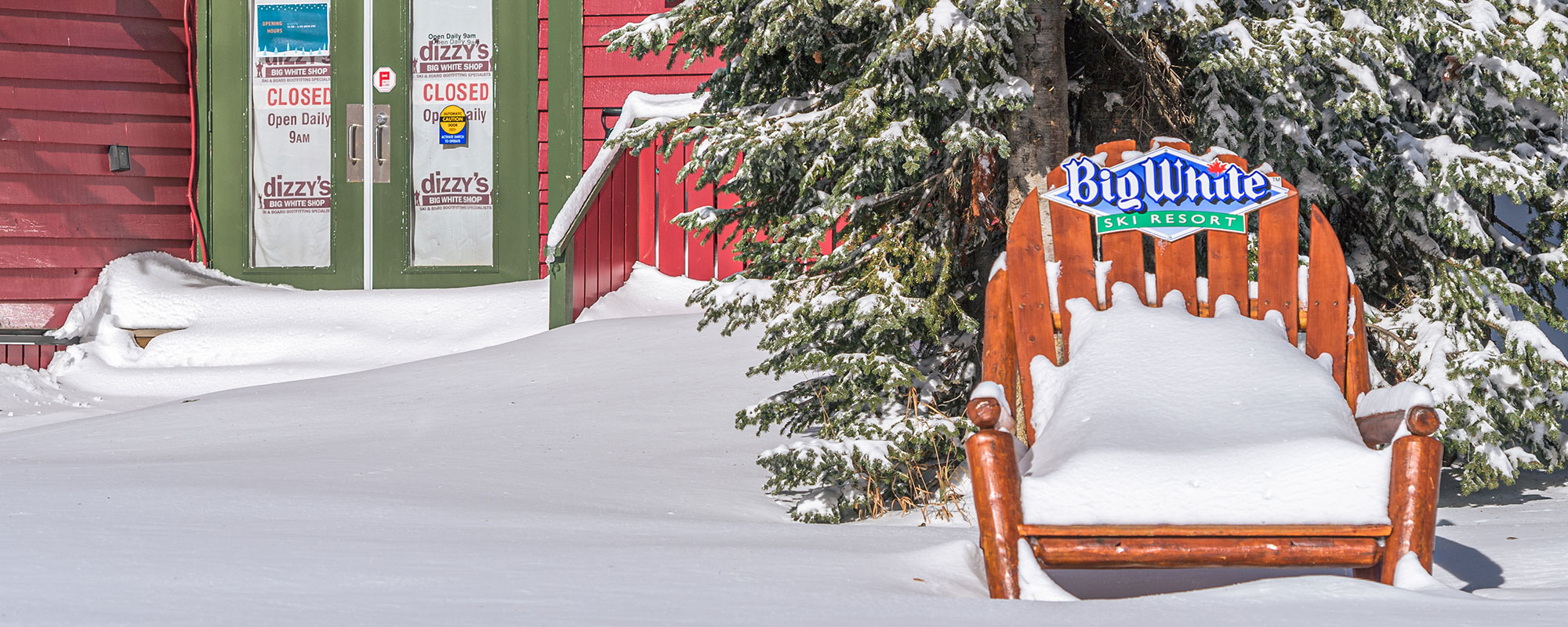 Big White Ski Resort First To Open In BC Thursday November 17 Big   Winter Village BW Chair Snow 2000x800px 